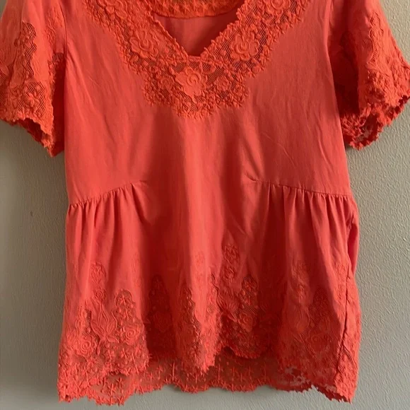 Sundance Coral Lace Trim Short Sleeve Top Size L - Picture 6 of 12